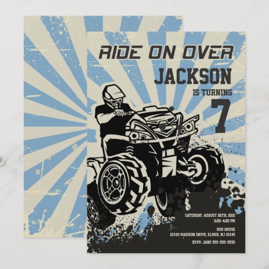 4 Wheeler Birthday Invitation / Motocross / Sport Kaart (Voorkant / Achterkant)