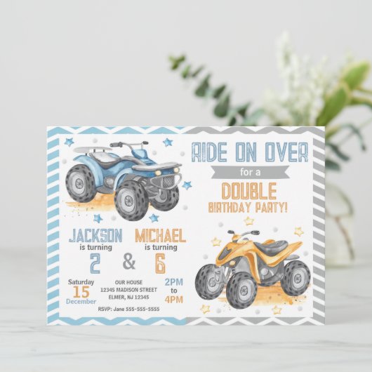 4 Wheeler Quad Bike ATV Joint Birthday Invitation Kaart (Staand voorkant)