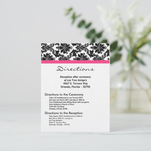4 x5 Direction Black Damask Hot Pink Receptio Informatiekaartje (Staand voorkant)