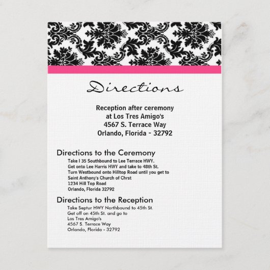 4 x5 Direction Black Damask Hot Pink Receptio Informatiekaartje (Voorkant)