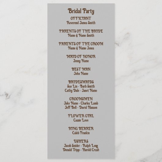 4"X 9,25"Huwelijksprogramma beide kantentekst Programmakaart (Achterkant)