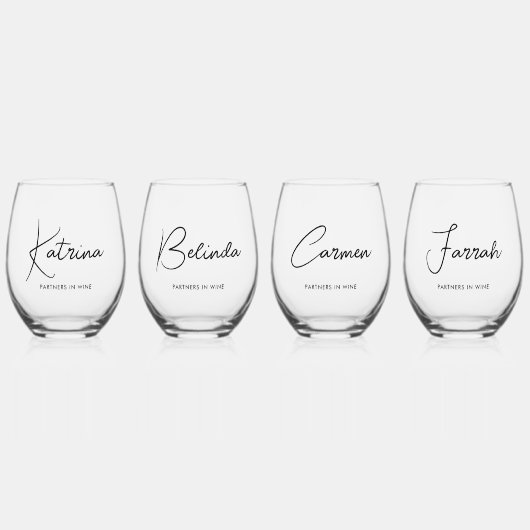 4 x Elegante handgeschreven scriptnamen & aangepas Wijnglas Zonder Voet (Voorkant)