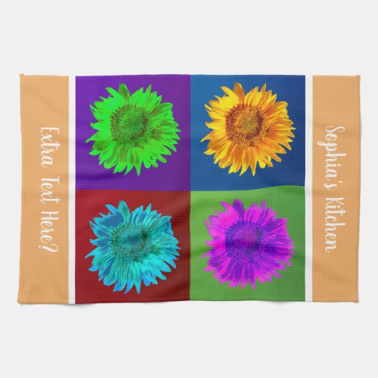 4 Zonnebloemen in 4 kleurrijke pleinen LT Org DIY Theedoek (Horizontaal)