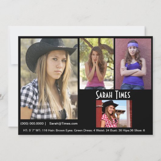 4 Zwarte Sjabloon fotomodel Actor Comp Card Kaart (Voorkant)