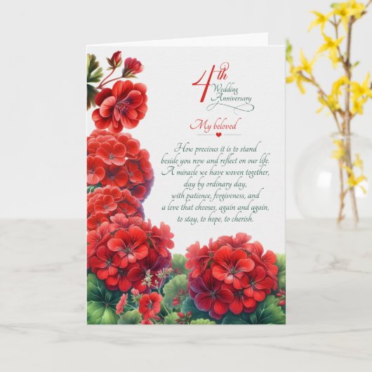 4de huwelijksverjaardag Sentimentele Geraniums Kaart (Gele Bloem)