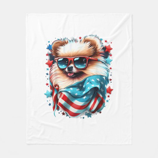 4de juli Patriotic Pommeren Dog VS-vlag Fleece Deken (Voorkant)