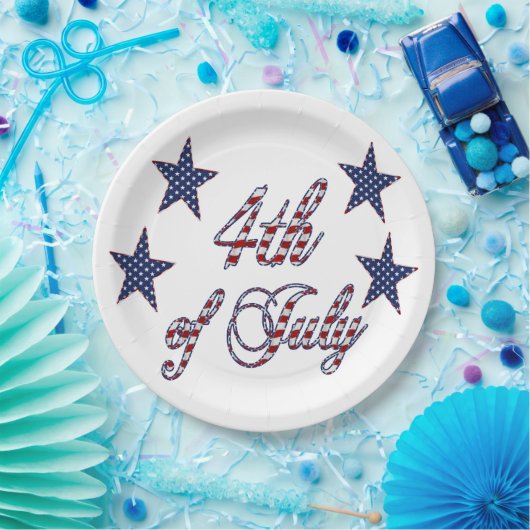 4de juli: Rode, blauwe tekststerren en stripes Papieren Bordje (Feest)