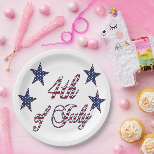 4de juli: Rode, blauwe tekststerren en stripes Papieren Bordje (Feest)