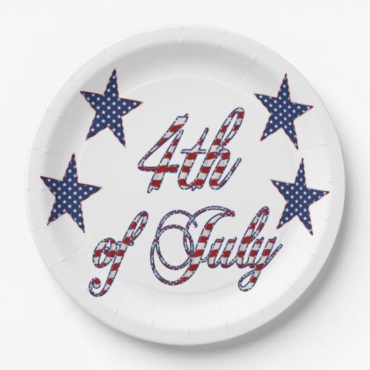 4de juli: Rode, blauwe tekststerren en stripes Papieren Bordje (Voorkant)