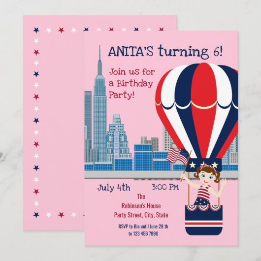 4de juli: Uitnodiging Girl Party (Voorkant / Achterkant)