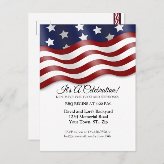 4de juli Uitnodiging Red White Blue Flag Waving (Voorkant / Achterkant)