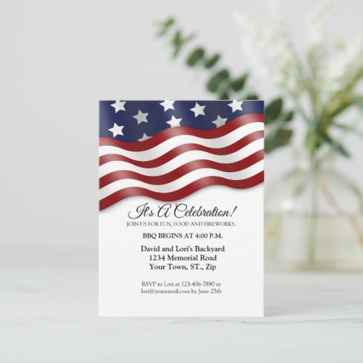 4de juli Uitnodiging Red White Blue Flag Waving (Staand voorkant)