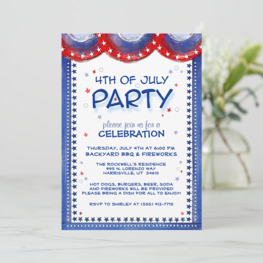 4de juli Uitnodiging Red White Blue Star Border (Staand voorkant)