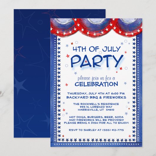 4de juli Uitnodiging Red White Blue Star Border (Voorkant / Achterkant)
