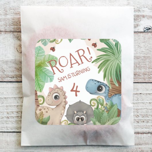 4de verjaardag dinosaurus vierkante sticker