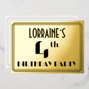 4de verjaardagsfeestje: Art Deco-look “4” en naam Folie Uitnodiging