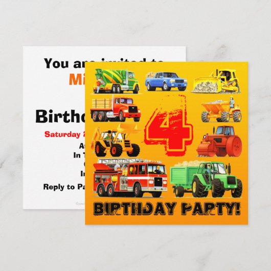 4e Big Truck Birthday Party Kaart (Voorkant / Achterkant)