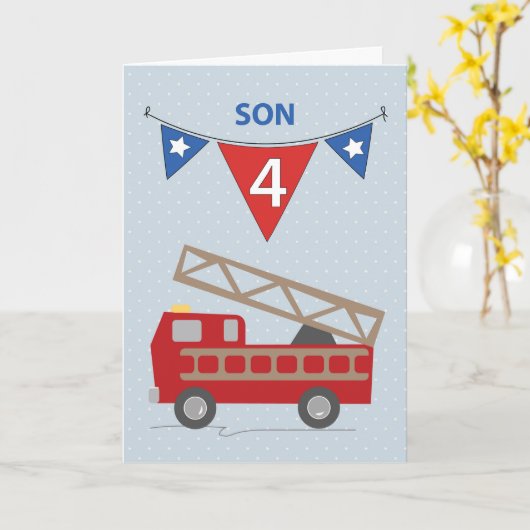 4e Birthday Son, Firetruck Kaart (Gele Bloem)