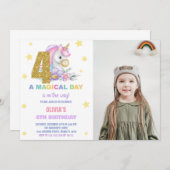 4e Bloemen Eenhoorn Verjaardag Uitnodigingen met F (Voorkant / Achterkant)