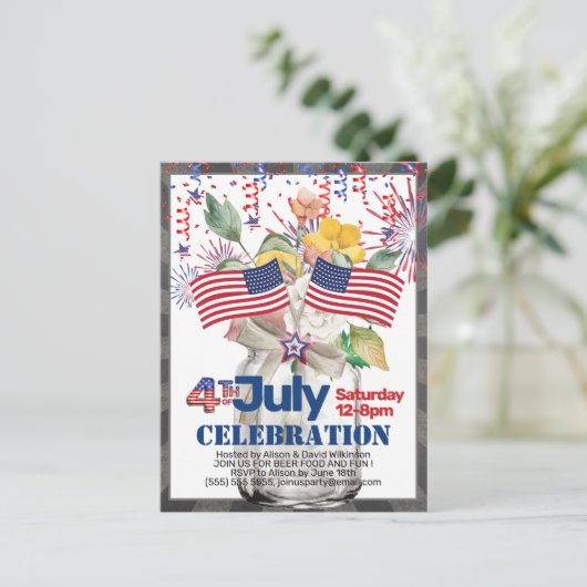 4e feestdag van JULI Mason Jar Uitnodiging (Staand voorkant)