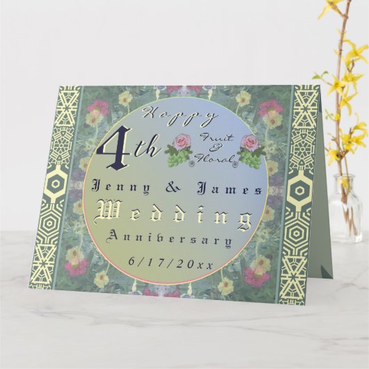 4e Fruit & Bloemen Bruiloft Jubileum Kaart (Gele Bloem)