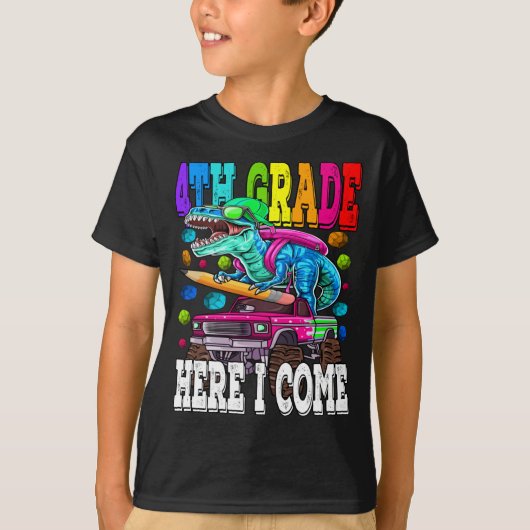 4e graad hier kom ik Monster Truck Dinosaur T-shirt (Voorkant)