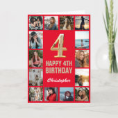4e Happy Birthday Red en Gold Photo Collage Kaart (Voorkant)