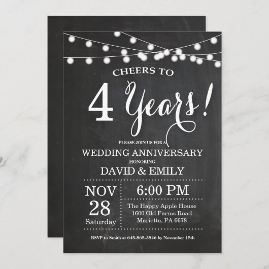 4e Jubileum Uitnodigingsbord voor bruiloft Kaart (Voorkant / Achterkant)