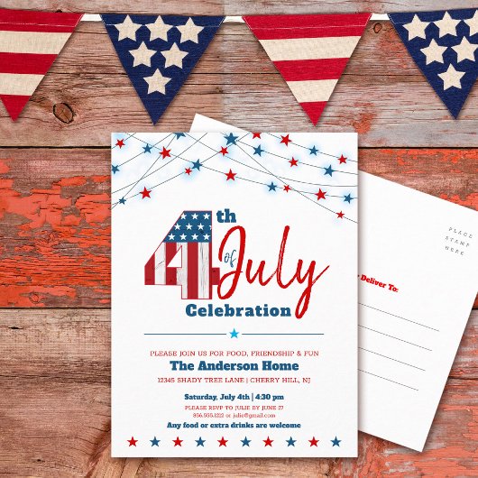 4e juli BBQ Modern Stars Stripes Red White Blue Uitnodiging Briefkaart