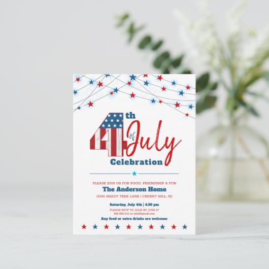 4e juli BBQ Modern Stars Stripes Red White Blue Uitnodiging Briefkaart (Staand voorkant)