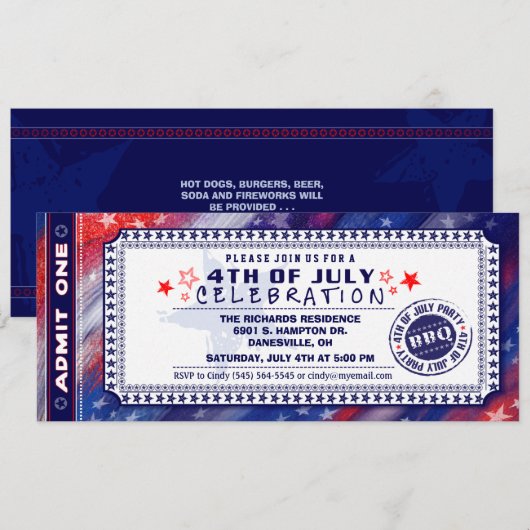 4e juli BBQ Party Ticket Invitation Kaart (Voorkant / Achterkant)