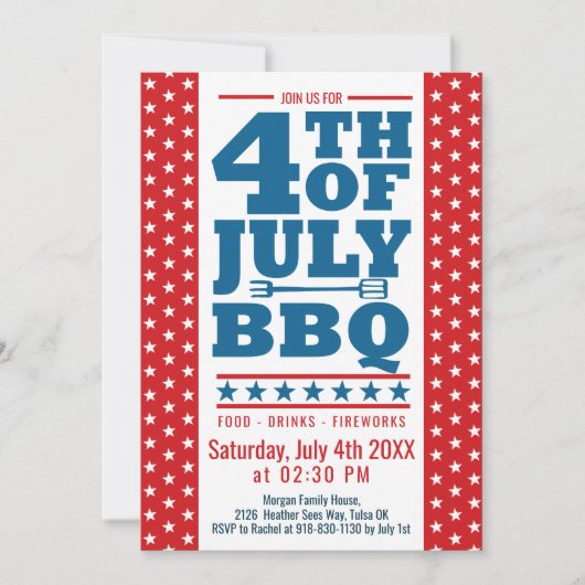 4e juli BBQ Red Blue Stars Party Kaart (Voorkant)