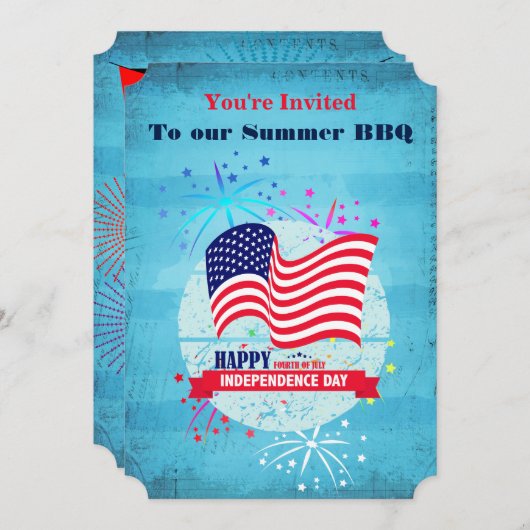 4e juli BBQ Vlag en Vuurwerkuitnodiging Kaart (Voorkant / Achterkant)