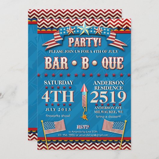 4e juli Festive BBQ Party Invitation Kaart (Voorkant / Achterkant)