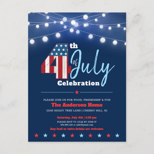 4e juli Modern BBQ Stars Stripes Red White Blue Uitnodiging Briefkaart (Voorkant)