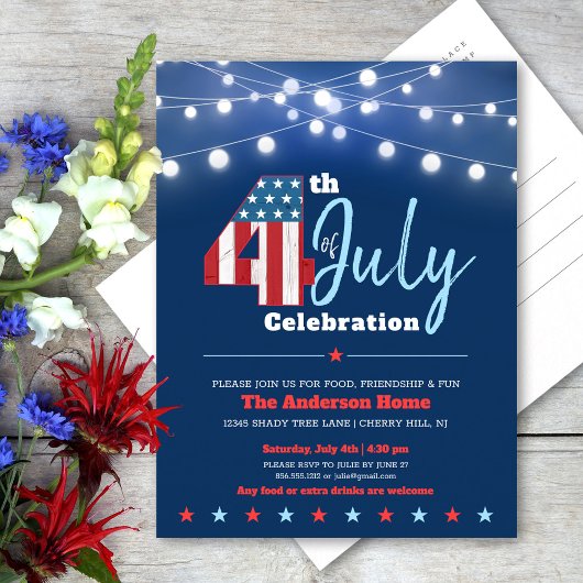 4e juli Modern BBQ Stars Stripes Red White Blue Uitnodiging Briefkaart