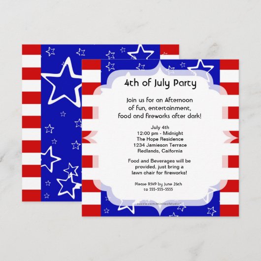 4e juli Partij / Bbq Uitnodiging Rood Blauw (Voorkant / Achterkant)