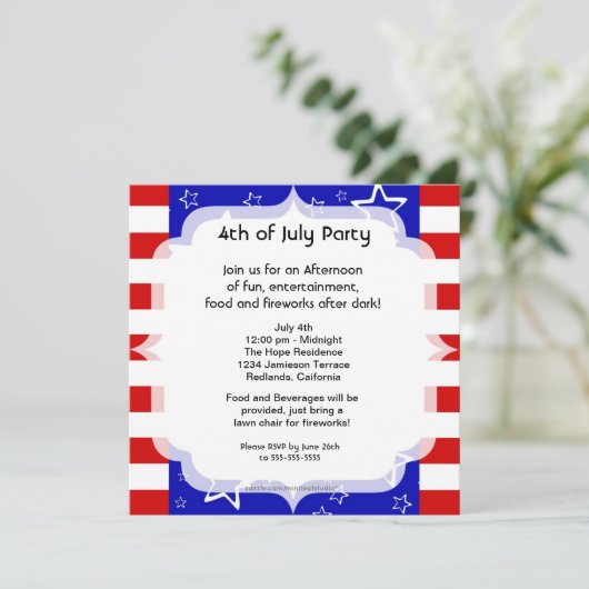 4e juli Partij / Bbq Uitnodiging Rood Blauw (Staand voorkant)