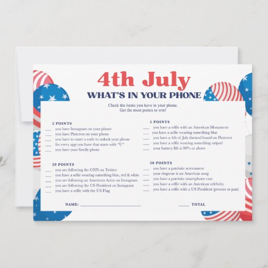 4e juli: Phone Game Card Kaart (Voorkant)