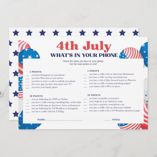 4e juli: Phone Game Card Kaart (Voorkant / Achterkant)