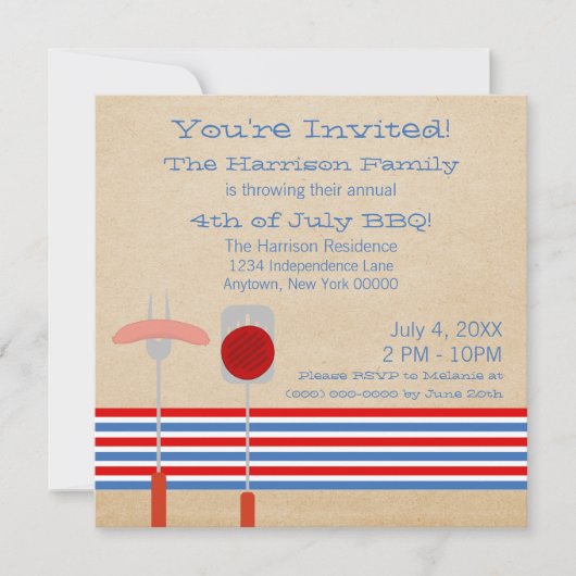 4e juli Striped BBQ Grilling Invite Kaart (Voorkant)