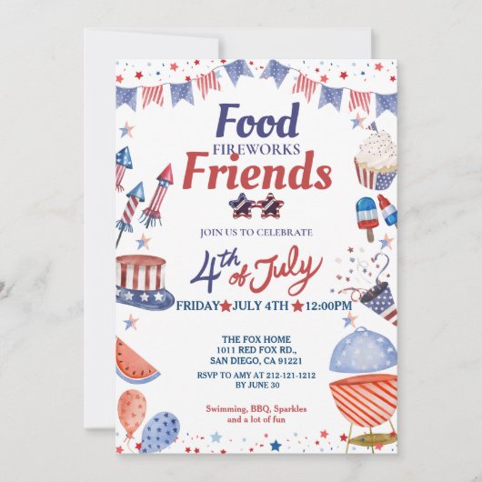 4e juli Voedselvriend en vuurwerk, feest Kaart (Voorkant)