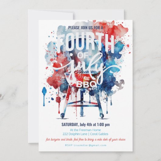 4e juli Waterverf van de Barbecue Cookout Kaart (Voorkant)