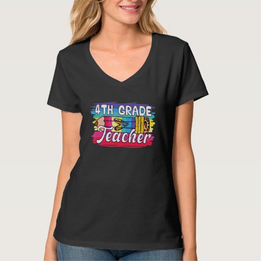 4e klas leraar kleurrijke luipaard potlood terug n t-shirt (Voorkant)