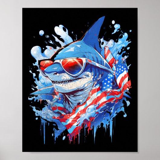 4e Patriottische Grappige Haai Sungles Onafhankeli Poster (Voorkant)