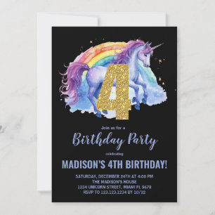4e Rainbow Unicorn Verjaardag Uitnodigingen