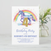 4e Rainbow Unicorn Verjaardag Uitnodigingen (Staand voorkant)