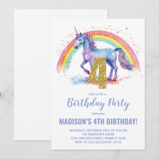 4e Rainbow Unicorn Verjaardag Uitnodigingen (Voorkant / Achterkant)