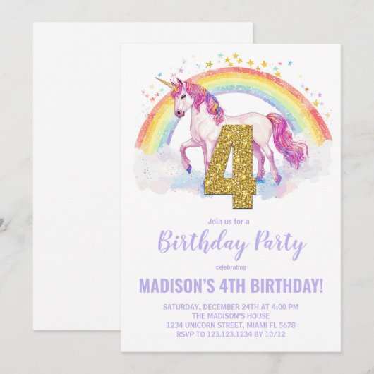 4e Rainbow Unicorn Verjaardag Uitnodigingen (Voorkant / Achterkant)