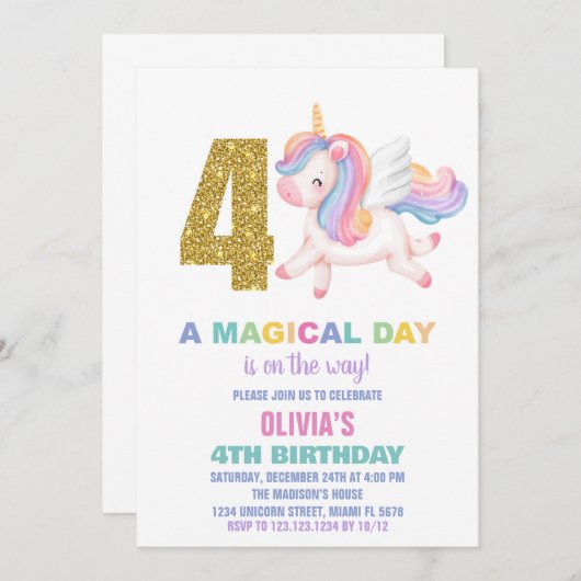 4e Rainbow Unicorn Verjaardag Uitnodigingen (Voorkant / Achterkant)